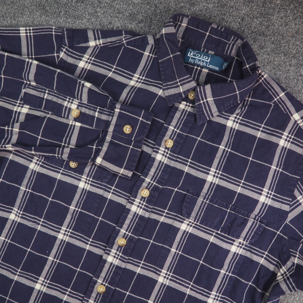 Polo Ralph Lauren Flannel Shirt Mens Med Navy White Plaid Long Sleeve Pocket